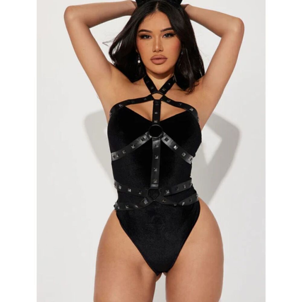 Dreamgirl Velvet Bodysuit With Attached Faux Leather Harness